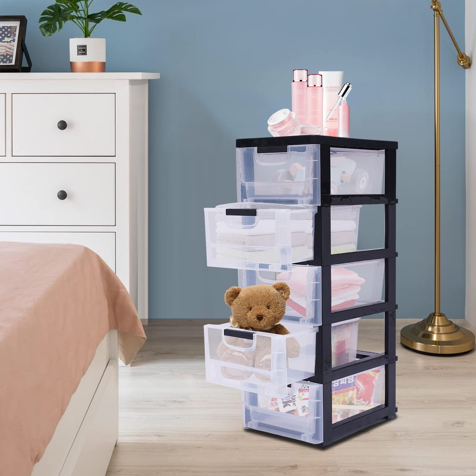 5 Drawer Storage Personal Organizer, Large Capacity Plastic Drawers Stackable, Vertical Storage Tower, Plastic Storage Dresser, Storage Cabinet Drawers Organizer for Clothes, Toys, Stationary