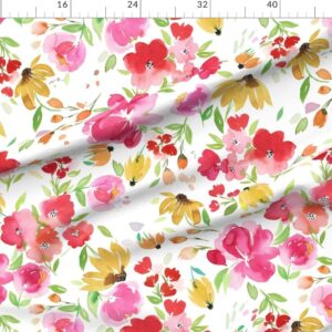 Spoonflower Fabric - Watercolor Floral Red Green Pink Jumbo Large Spring Summer Blackeyed Printed on Polartec(R) Fleece Fabric by The Yard - Sewing Blankets Loungewear and No-Sew