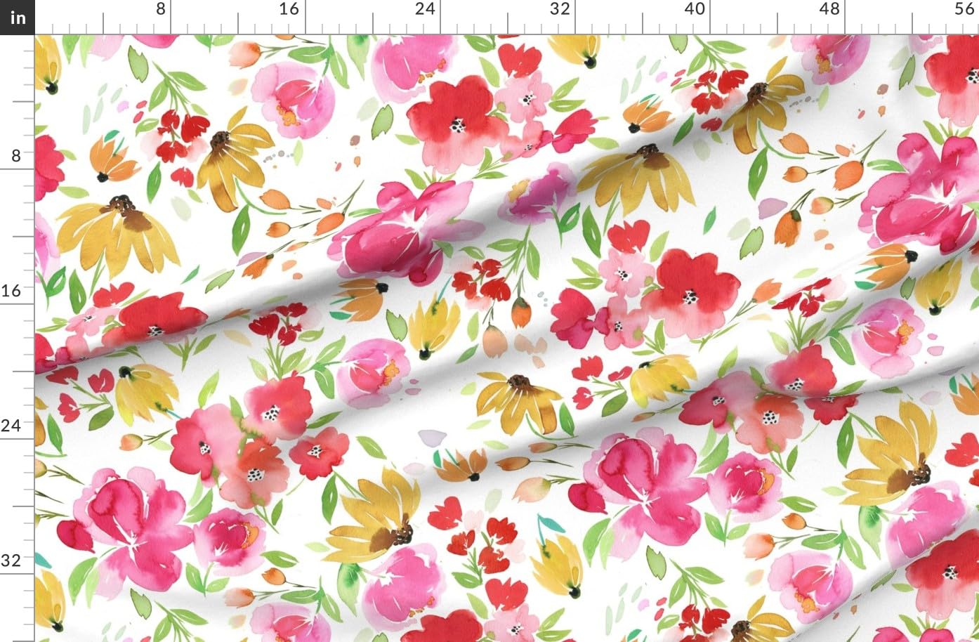 Spoonflower Fabric - Watercolor Floral Red Green Pink Jumbo Large Spring Summer Blackeyed Printed on Polartec(R) Fleece Fabric by The Yard - Sewing Blankets Loungewear and No-Sew