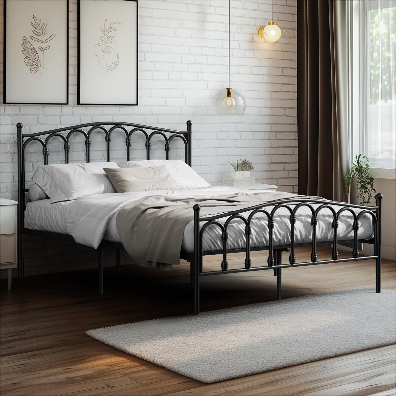 Tatub Queen Metal Bed Frame with Headboard and Footboard, Victorian Black Bed Frame, Under Bed Storage, No Box Spring Needed Mattress Foundation, Noise Free