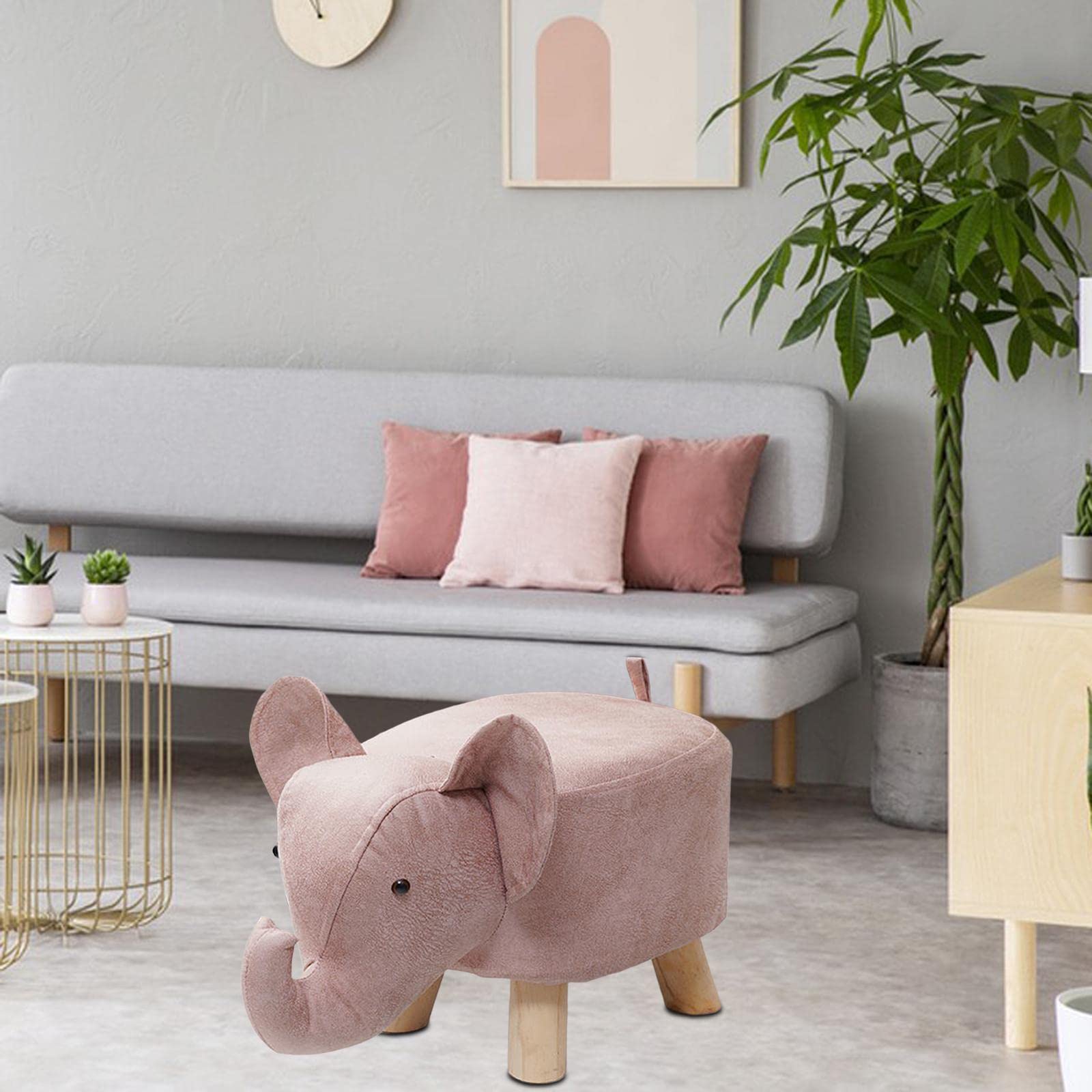 Animal Footstool Elephant Bench, Portable Shoes Changing Cute Storage, Wood Ottoman Stool Sofa Tea Stool for Decor, Bedroom, Living Rooms Indoor, Pink