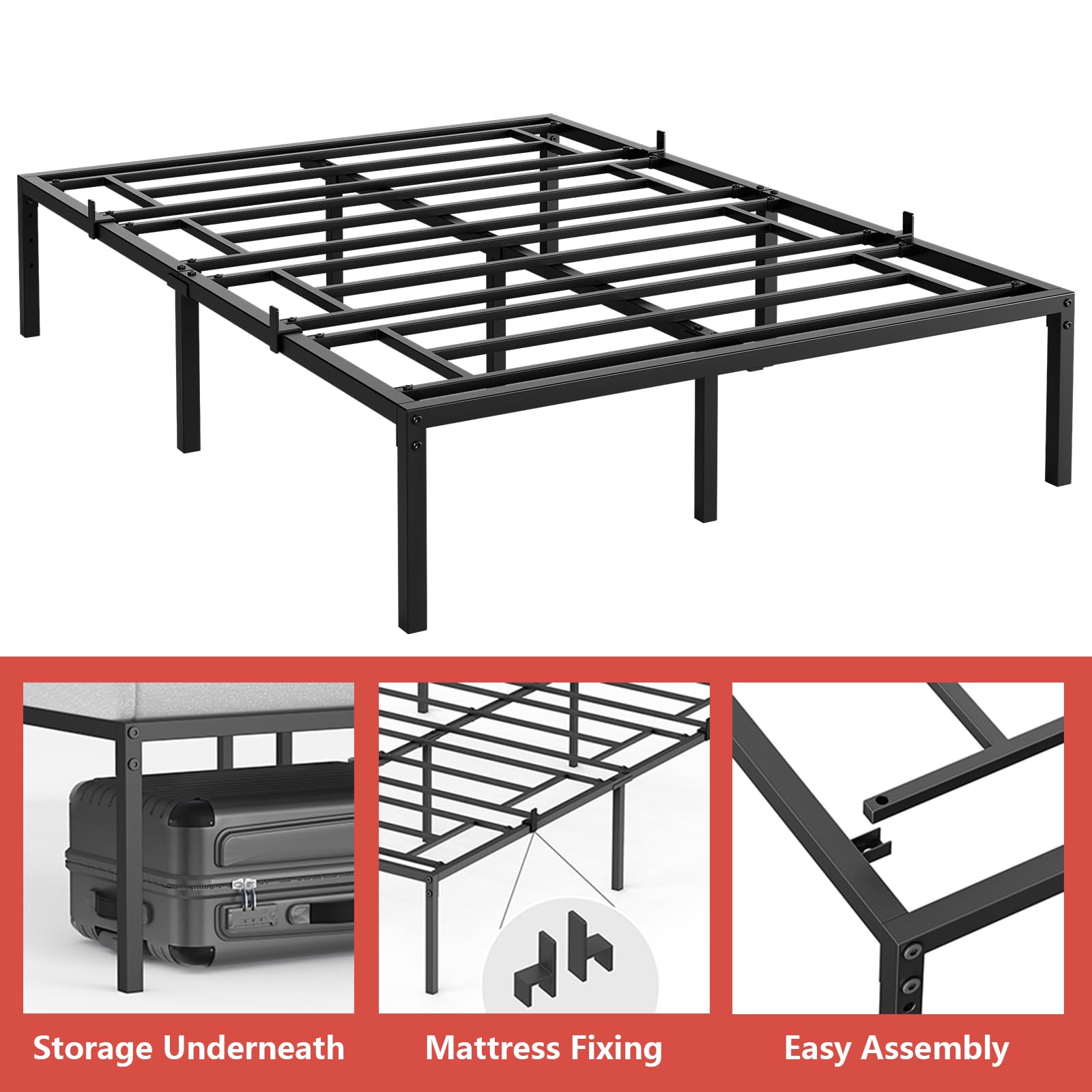 GAOMON Full Size Bed Frame 14 inch Black Metal Platform Bed Frame No Box Spring Needed Bedframe with Metal Slats Support Mattress Foundation Beds Base Easy Assembly Under Beds Storage-Full Size