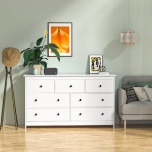 CARPETNAL White Dresser for Bedroom, 7 Drawer Dresser with Wide Drawer and Metal Handles, Woode Dressers & Chests of Drawers for Hallway, Entryway.