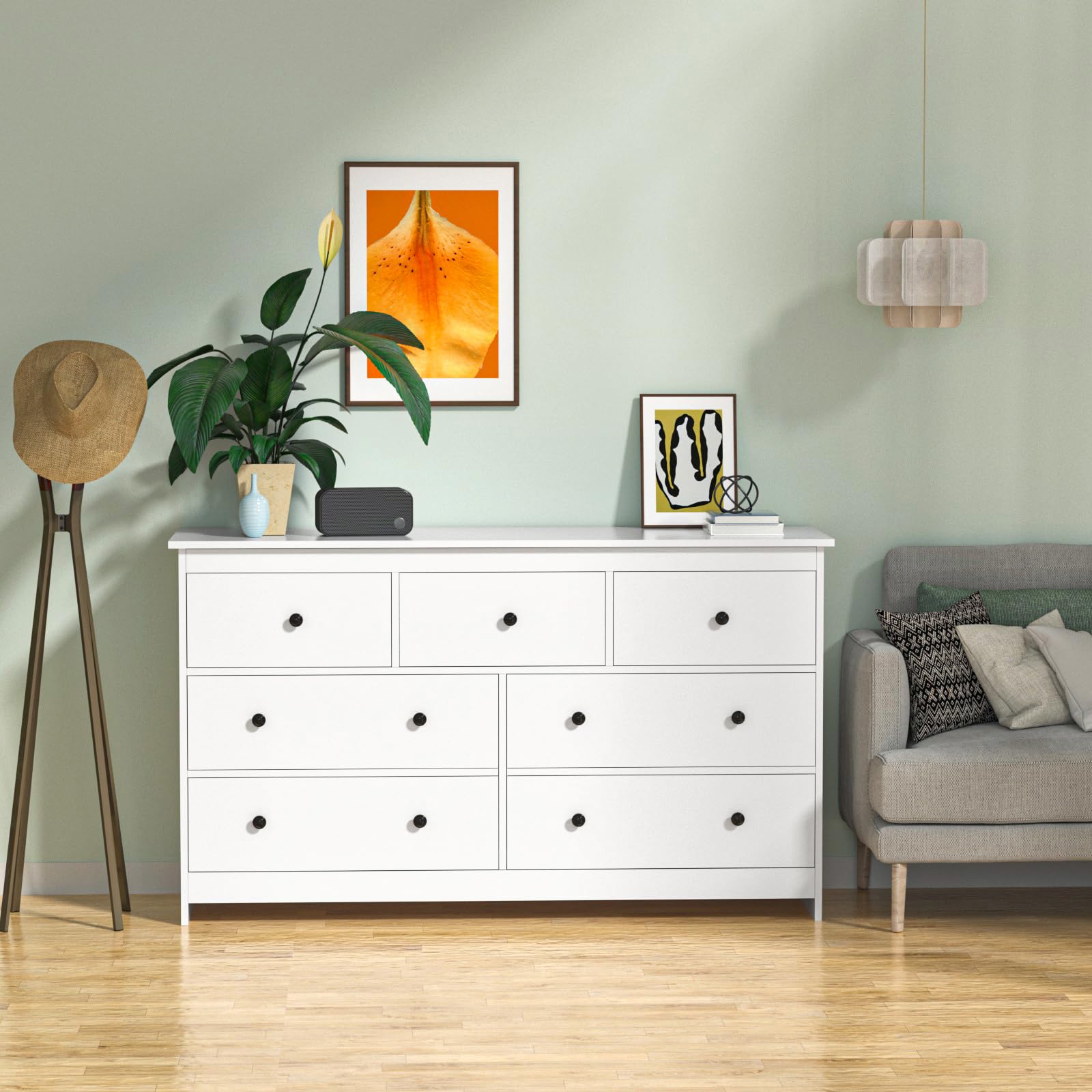 CARPETNAL White Dresser for Bedroom, 7 Drawer Dresser with Wide Drawer and Metal Handles, Woode Dressers & Chests of Drawers for Hallway, Entryway.