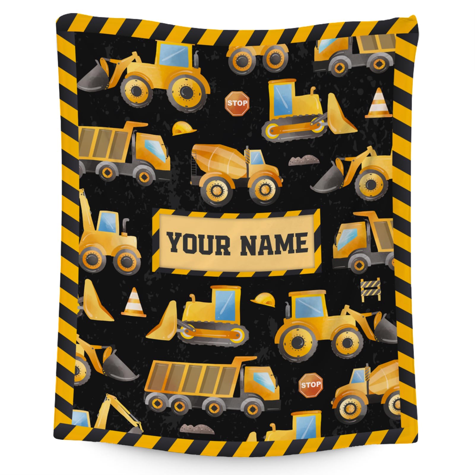 Personalized Construction Blanket, Soft Warm Flannel Throw Blanket for Boys Girls, 50x60 Inch Large Blankets for Sofa Couch, Construction Truck Throws Gifts Home Decor