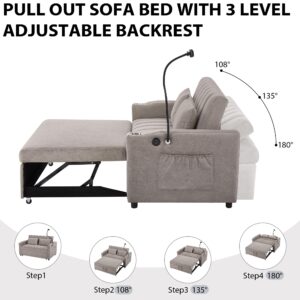 56'' Convertible Sleeper Sofa Bed,Full Loveseat Futon Pull Out Couch Sofá for Small Space,3 USB Ports,2 Cup Holders,360°Swivel Phone Holder,Modern Couches Sofabed Living Room,RV Hide-a-Bed (Gray)