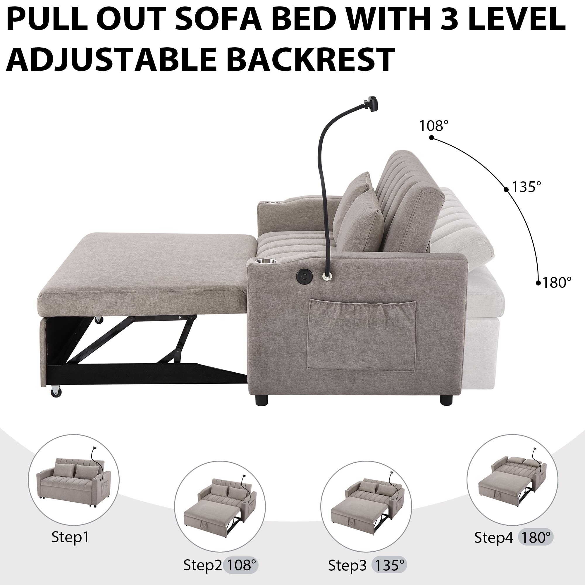 56'' Convertible Sleeper Sofa Bed,Full Loveseat Futon Pull Out Couch Sofá for Small Space,3 USB Ports,2 Cup Holders,360°Swivel Phone Holder,Modern Couches Sofabed Living Room,RV Hide-a-Bed (Gray)