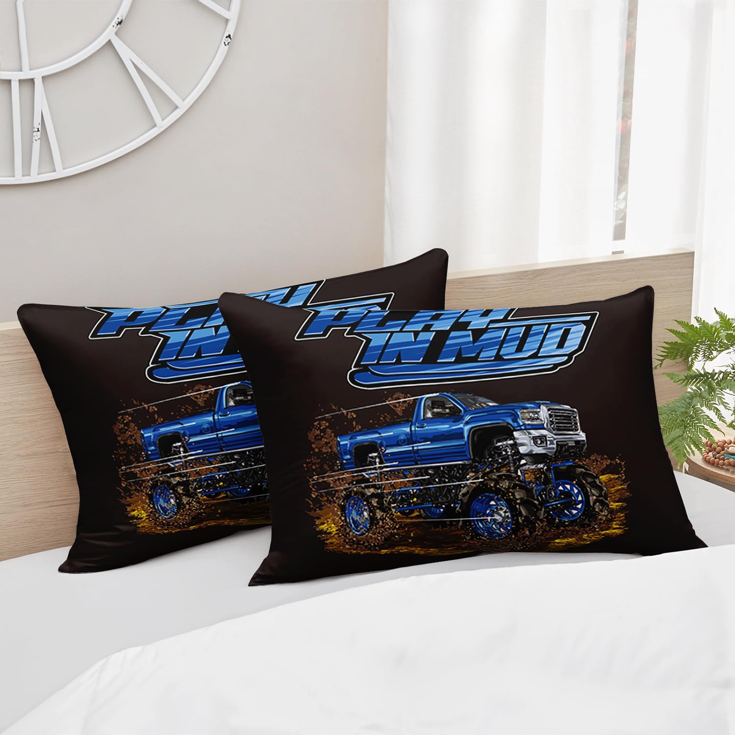 AILONEN 3D Truck Printed Kids Twin Comforter Set,Monster Truck Bedding Set for Boys Men,Blue Giant Truck Comforter with 2 Pillowcases,3-Piece Breathable