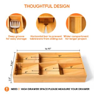 Mooues Bamboo Silverware Drawer Organizer, Removable Dividers Kitchen Utensil Drawer Organizer for Different Dimension Flatware, Spoons, Forks, Knives (Natural, 5 Slots)