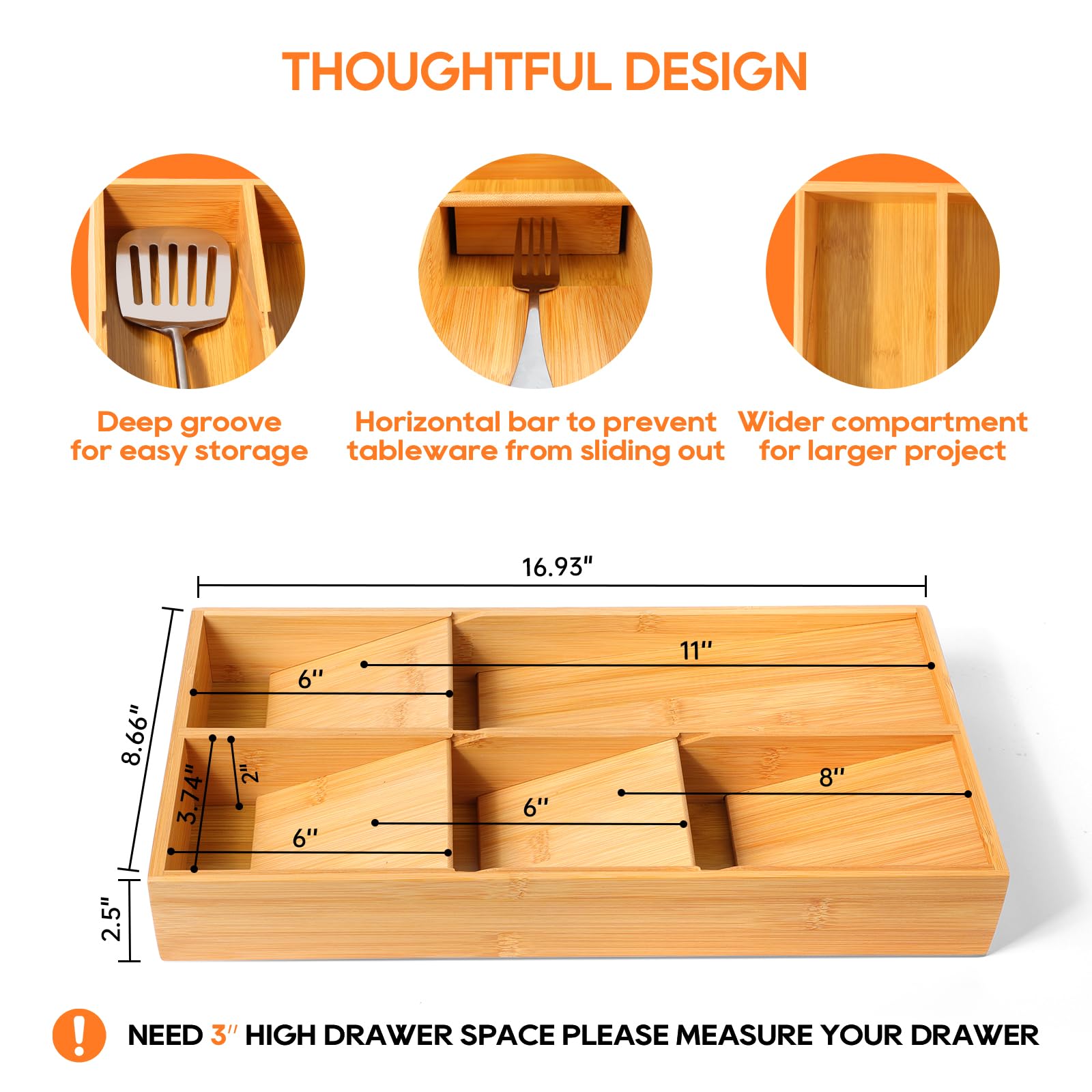 Mooues Bamboo Silverware Drawer Organizer, Removable Dividers Kitchen Utensil Drawer Organizer for Different Dimension Flatware, Spoons, Forks, Knives (Natural, 5 Slots)