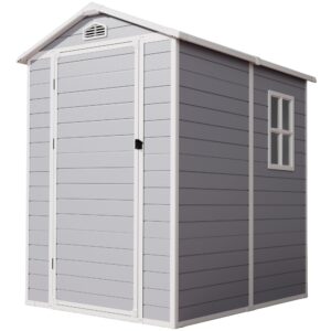 devoko 6x4 ft resin shed, plastic shed with floor lockable doors window & vents, outdoor storage shed for backyard patio lawn pool (grey & white)