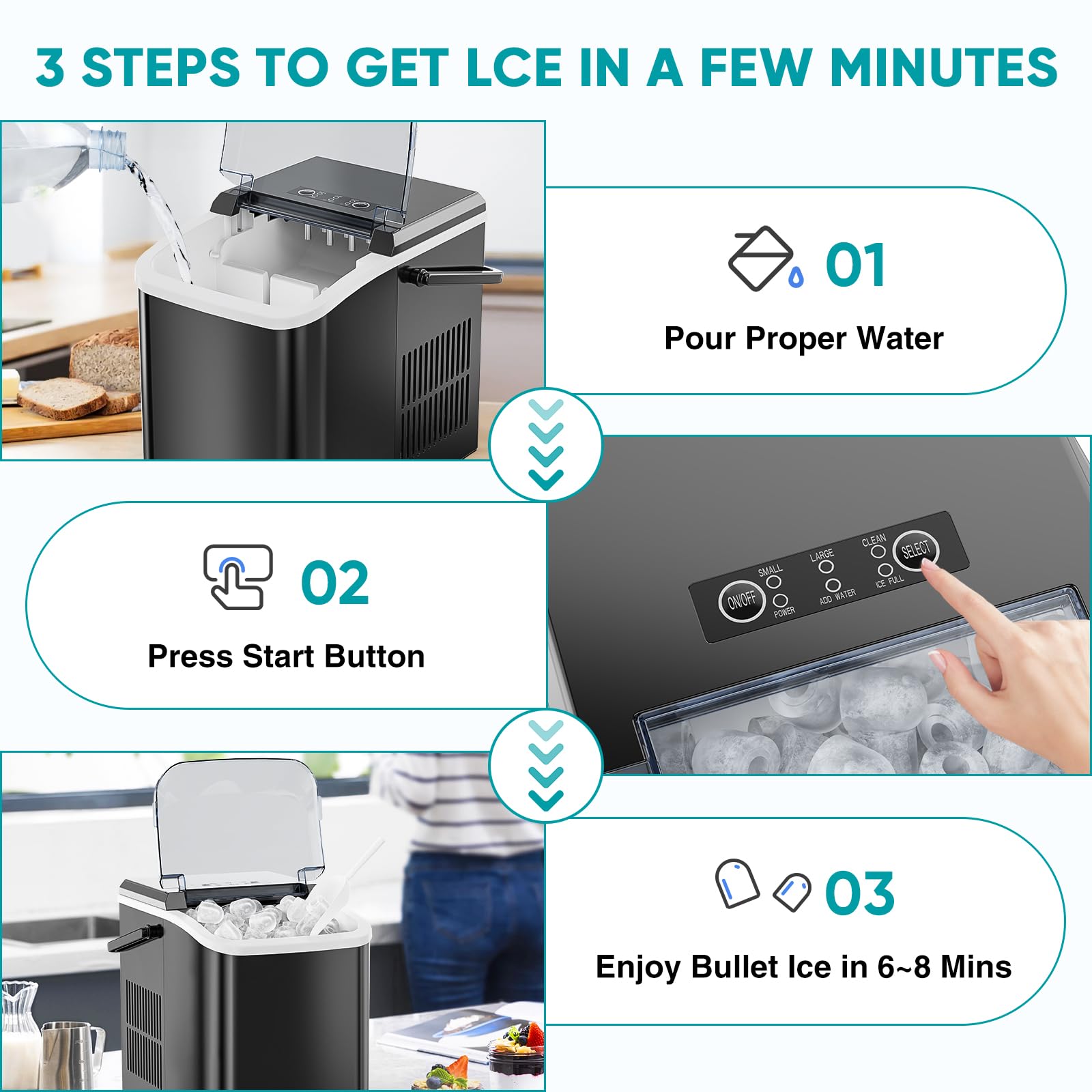 Ice Maker, Portable Countertop Icemaker Machine, Self Cleaning Quiet 2 Sizes Bullet Cubes Makers, 9 Cubes in 6 Mins, 26.5lbs/24Hrs with Ice Scoop, Basket and Handle for Home Kitchen Party