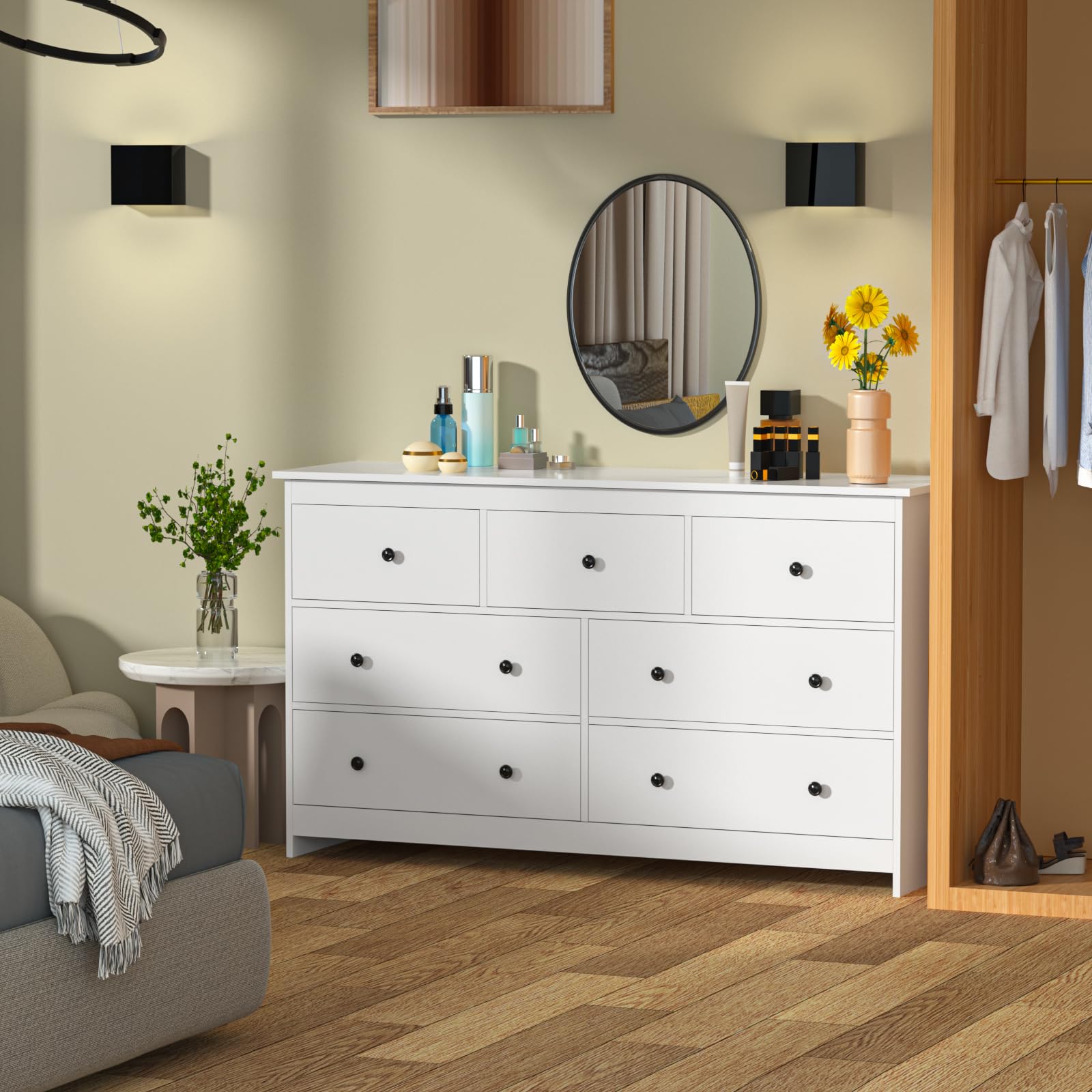 CARPETNAL White Dresser for Bedroom, 7 Drawer Dresser with Wide Drawer and Metal Handles, Woode Dressers & Chests of Drawers for Hallway, Entryway.