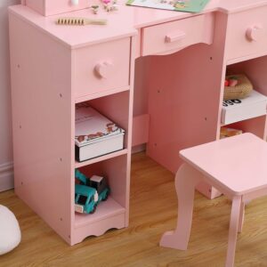 GarveeHome Kids Vanity with Lights,2 in 1 Wooden Princess Makeup Desk Dressing Table,Girls Vanity Table with Mirror, Light,Stool & Drawer,Toddler Vanity,Pretend Play Vanity Set for Little Girls