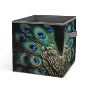 peacock feather printing storage basket folding storage bins fabric cube organizer with handle for closet utility room