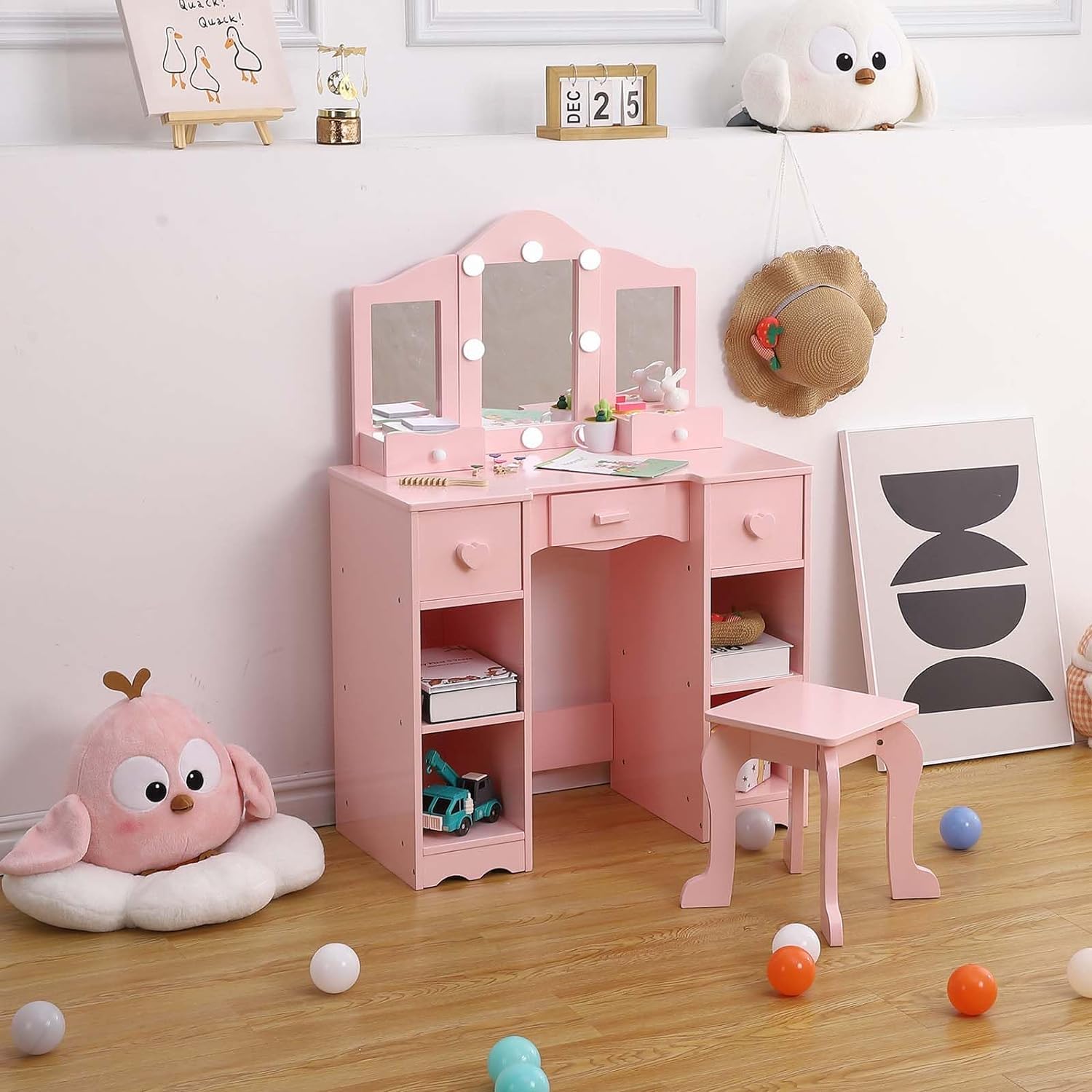 GarveeHome Kids Vanity with Lights,2 in 1 Wooden Princess Makeup Desk Dressing Table,Girls Vanity Table with Mirror, Light,Stool & Drawer,Toddler Vanity,Pretend Play Vanity Set for Little Girls