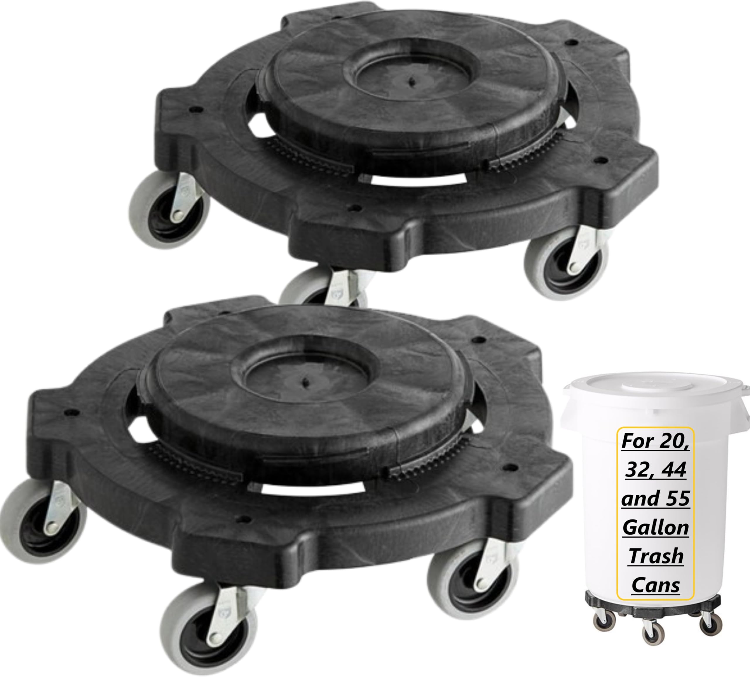 Commercial Round Trash Can Dolly with Wheels for 20, 32, 44, and 55 Gallon Trash cans Brut Trash Can Dollies with Wheels, HDPE Heavy-Duty Plastic Garbage Can Base Made in America. Pack of 2 (2)