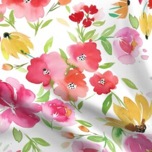 Spoonflower Fabric - Watercolor Floral Red Green Pink Jumbo Large Spring Summer Blackeyed Printed on Polartec(R) Fleece Fabric by The Yard - Sewing Blankets Loungewear and No-Sew