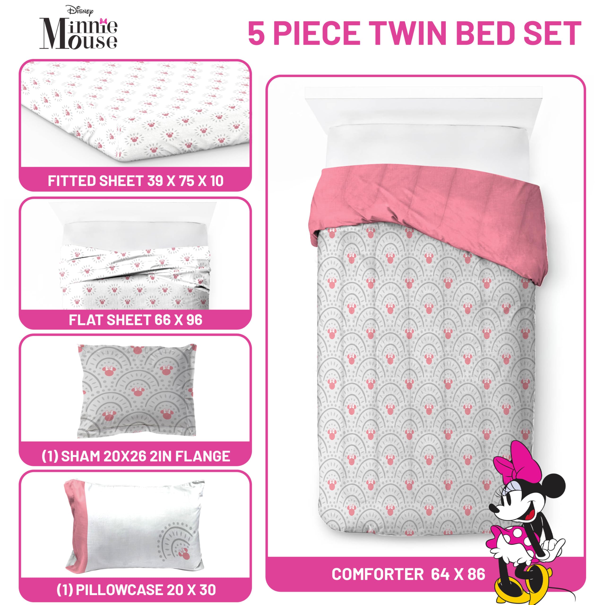 Jay Franco Disney Minnie Mouse Twin Comforter Set - 5 Piece Bedding Includes Sheet Set & Pillow Covers - Super Soft Cozy Pink Mandala Bedding