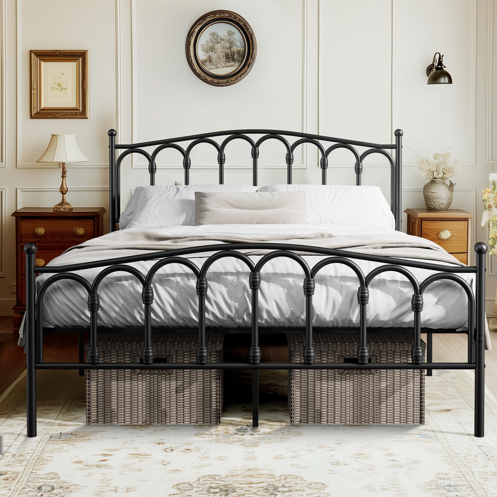 Tatub Queen Metal Bed Frame with Headboard and Footboard, Victorian Black Bed Frame, Under Bed Storage, No Box Spring Needed Mattress Foundation, Noise Free