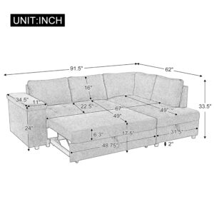 ZEIINPA 91.5” Modern Sleeper Sofa Bed, Linen Pull Out Couches with Storage Chaise, Comfy L-Shaped Sofa with Wooden Armrest Tray for Living Room, Apartment, Office, Studio, Home Theater-Grey