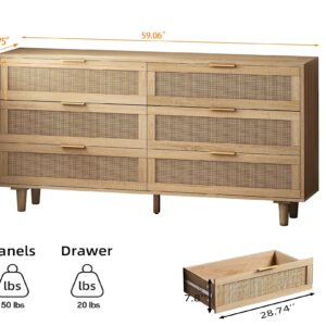 Fsbecl Large Rattan Dresser for Bedroom, Modern 6 Drawer Double Dresser with Gold Handles, Natural Rattan Bedroom Dresser for Closet, Wood Storage Chest of Drawers for Living Room, Hallway, Natural