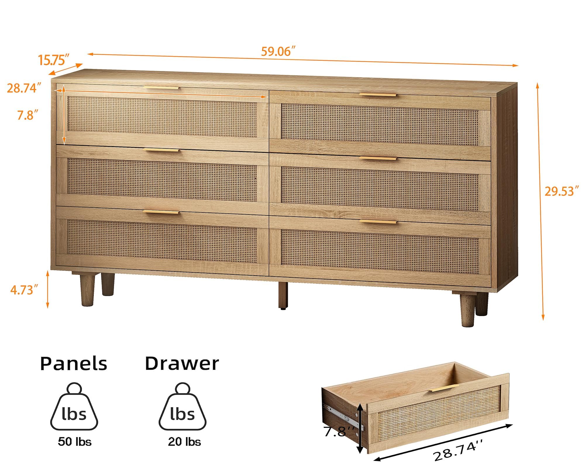 Fsbecl Large Rattan Dresser for Bedroom, Modern 6 Drawer Double Dresser with Gold Handles, Natural Rattan Bedroom Dresser for Closet, Wood Storage Chest of Drawers for Living Room, Hallway, Natural