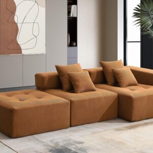 105.5" Modular Sectional Sofa Couch for Living Room, L-Shape Upholstered Cloud Couch with 4 Pillow, Modern Minimalist Couches, Deep Seat, No Assembly Required(Brown,Corduroy,Frameless)