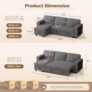 YESHOMY L-Shaped Sofa Bed Convertible Sectional Couch for Living Room with Pull Out Sleeper, Storage Chaise & 2 Built-in Bookcases, Gray