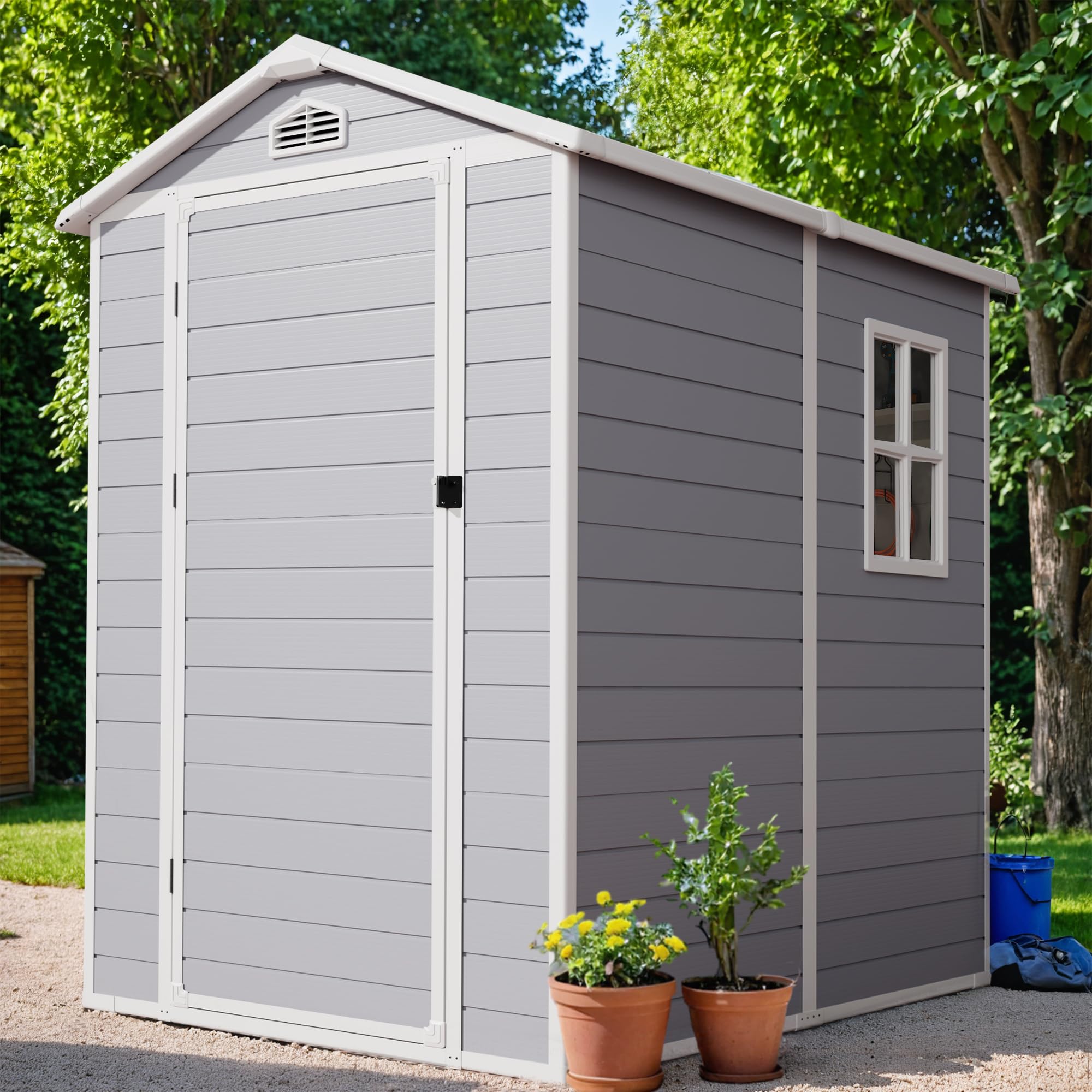 Devoko 6x4 FT Resin Shed, Plastic Shed with Floor Lockable Doors Window & Vents, Outdoor Storage Shed for Backyard Patio Lawn Pool (Grey & White)