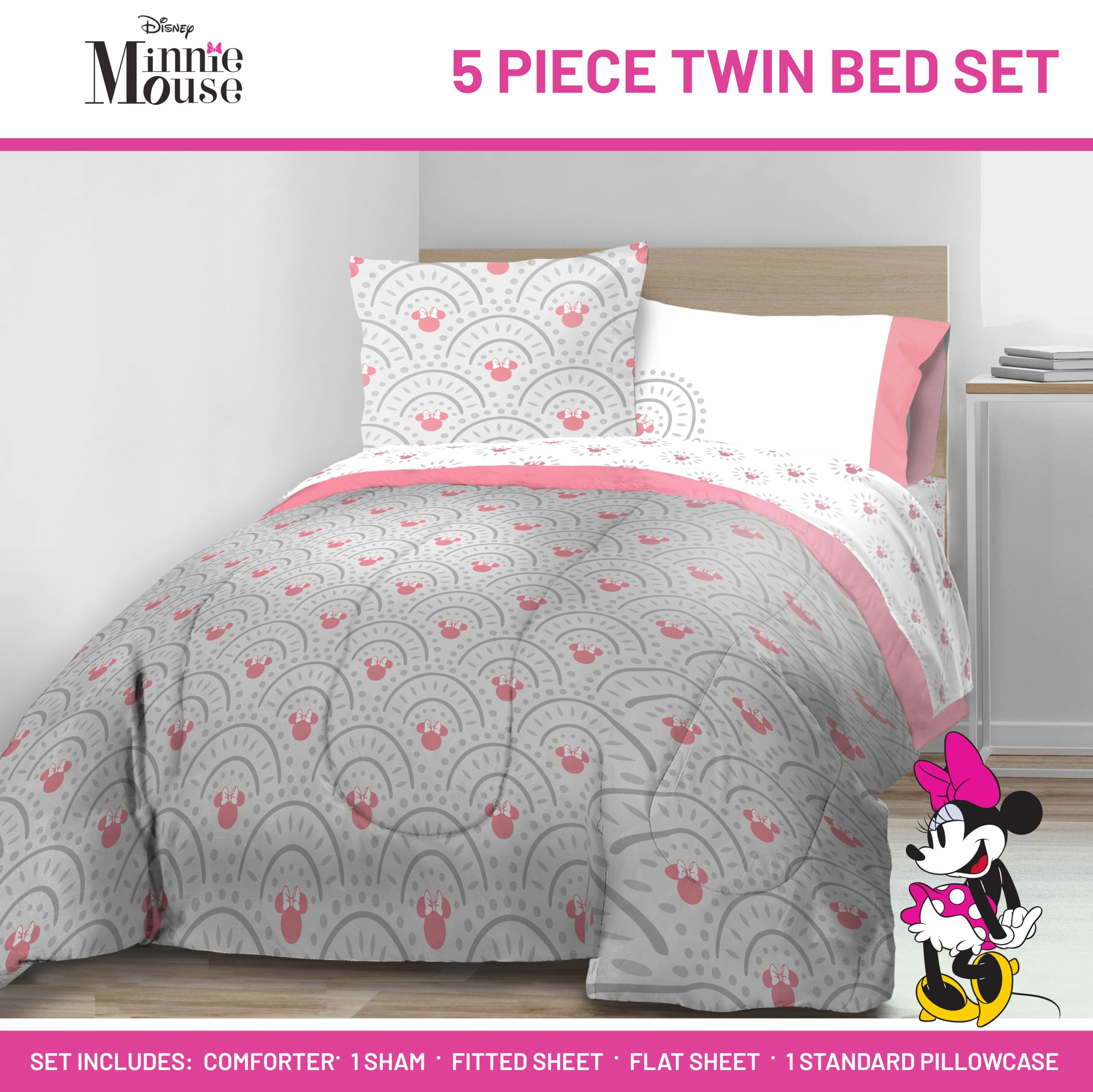 Jay Franco Disney Minnie Mouse Twin Comforter Set - 5 Piece Bedding Includes Sheet Set & Pillow Covers - Super Soft Cozy Pink Mandala Bedding