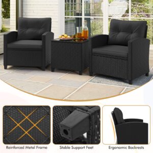 RELAX4LIFE 3-Piece Patio Furniture Set - Wicker Rattan Bistro Sofa Set w/Glass Top Coffee Table, Washable Cushions for Porch Balcony Backyard Poolside, Outdoor Furniture Conversation Set (Black)