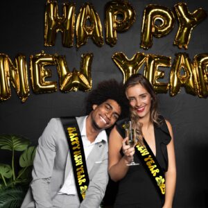 JXYCBZYing Happy New Year 2025 Sash with Gold Foil, Black New Year Sash, Premium Grade Satin Sash, New Years Eve Party Decorations, Ideas, Gifts, Jokes and Favors (Black + Gold)