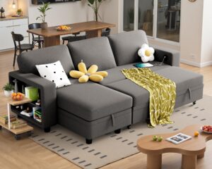 yeshomy l-shaped sofa bed convertible sectional couch for living room with pull out sleeper, storage chaise & 2 built-in bookcases, gray