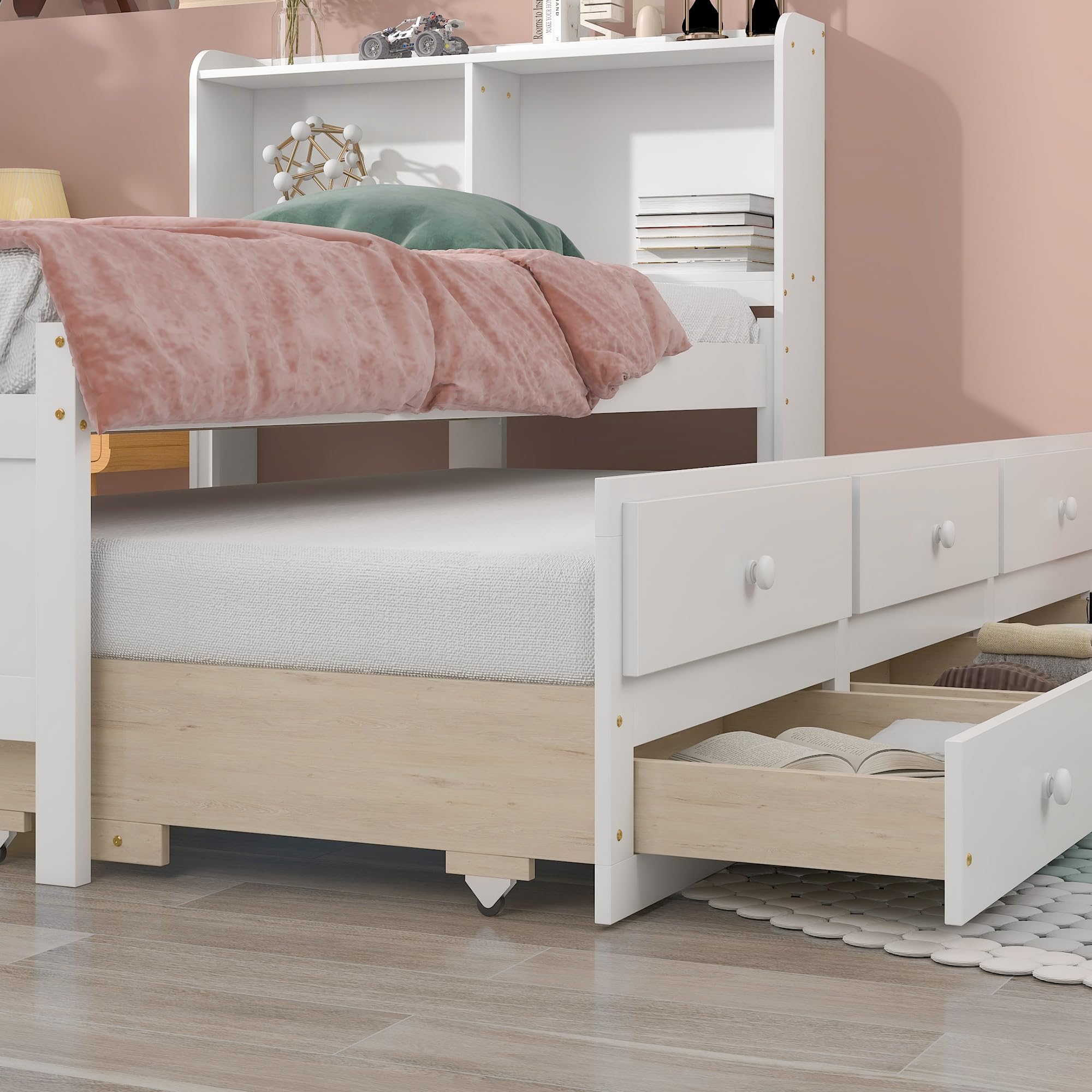 Twin Size Trundle Bed with Storage Drawers and Bookcase Headboard, Kids Twin Bed with Trundle,Captains Bed Twin with Trundle,Twin Trundle Bed with Storage for Teens,Adults(Twin,White)