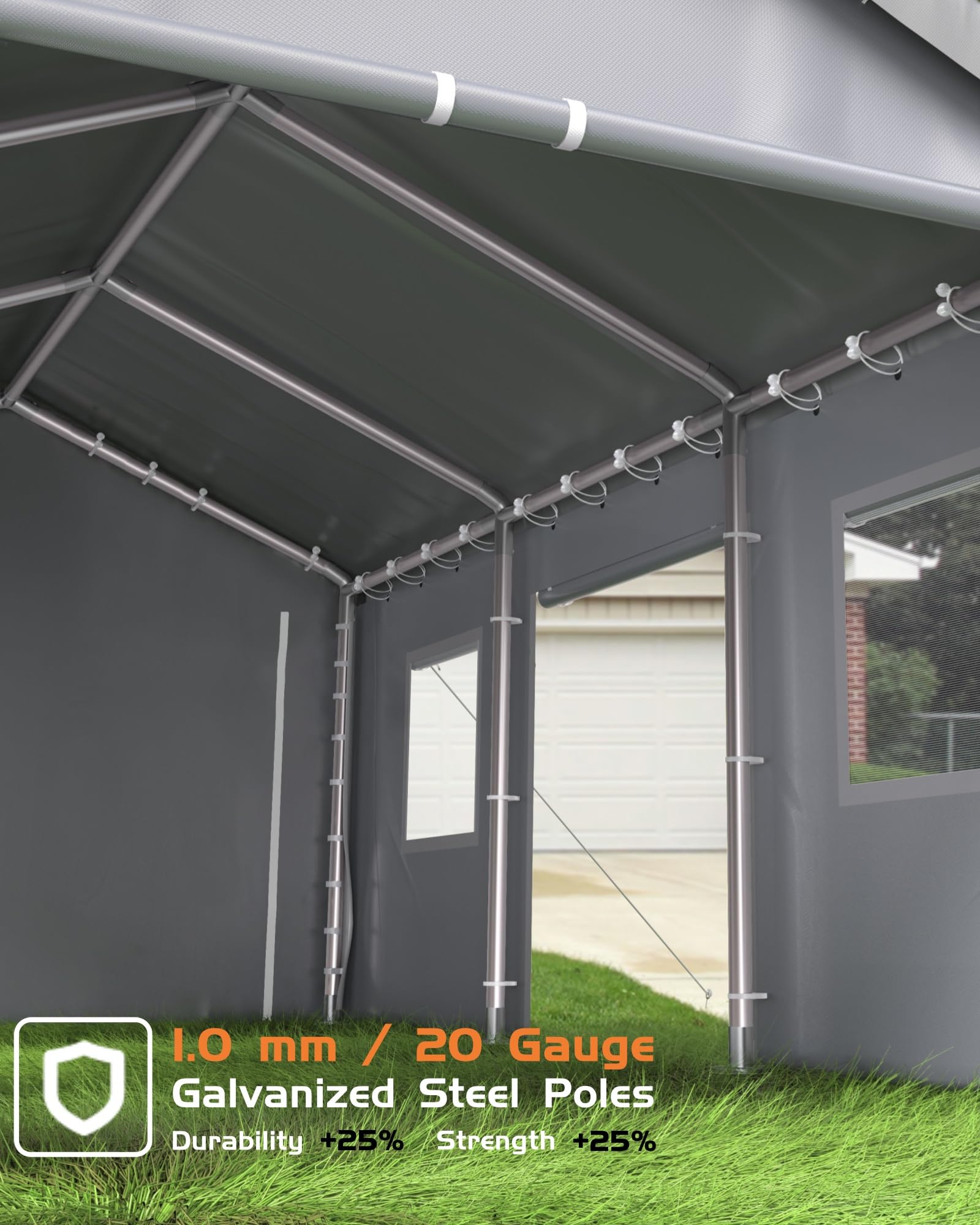 GarveeLife 13'x20' Carport Heavy Duty, Portable Garage with 4 Roll-up Doors, 4 Mesh Windows, 180 g PE Tarps, and Reinforced Frames, for Full-Size Pickups, Bass Boats, and SUVs, Gray