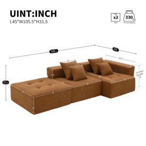 105.5" Modular Sectional Sofa Couch for Living Room, L-Shape Upholstered Cloud Couch with 4 Pillow, Modern Minimalist Couches, Deep Seat, No Assembly Required(Brown,Corduroy,Frameless)