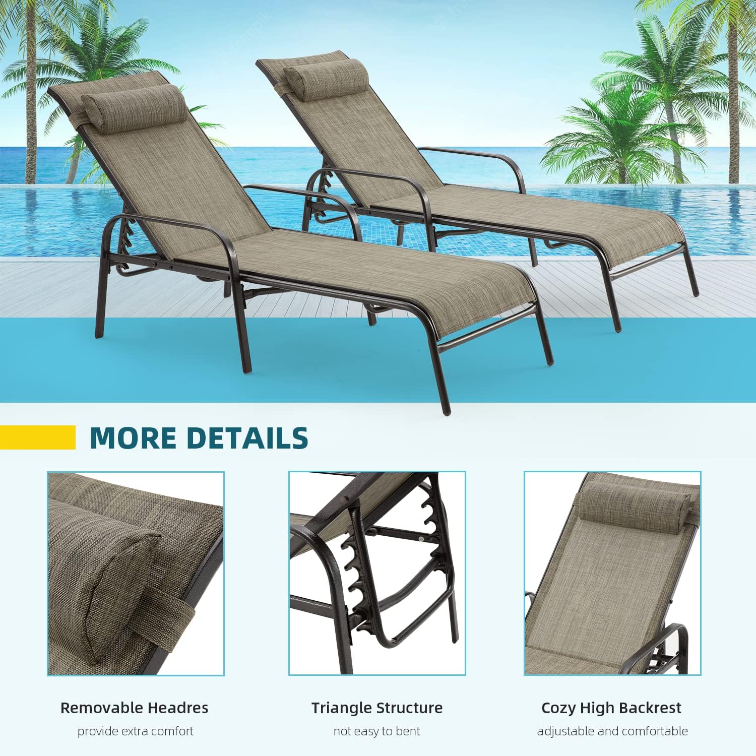 EROMMY Patio Chaise Lounge, Set of 2 Outdoor Lounge Chair, for Beach Pool Sunbathing Lawn Lounger Recliner Chiar Outside Tanning Chairs for All Weather (Grey)