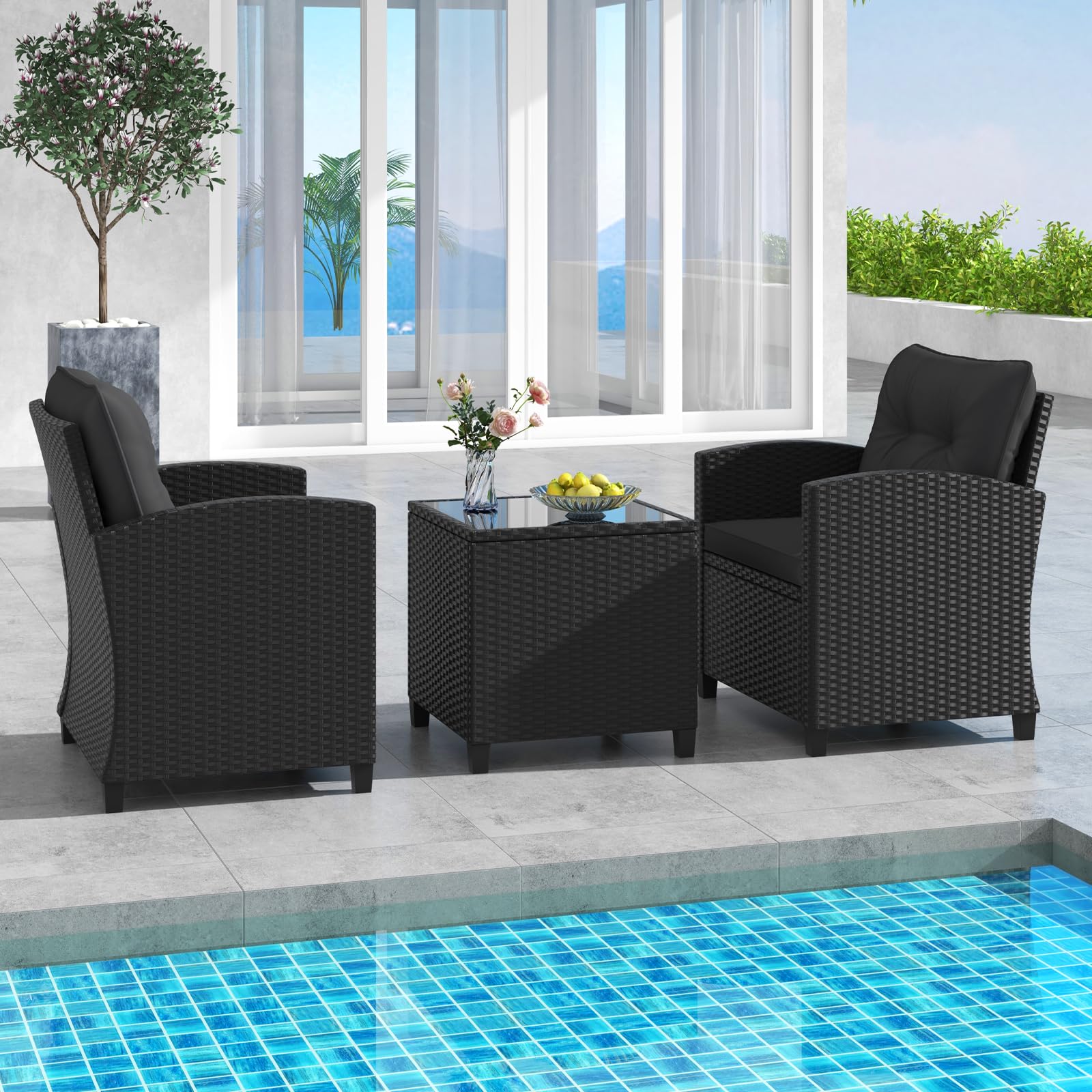 RELAX4LIFE 3-Piece Patio Furniture Set - Wicker Rattan Bistro Sofa Set w/Glass Top Coffee Table, Washable Cushions for Porch Balcony Backyard Poolside, Outdoor Furniture Conversation Set (Black)