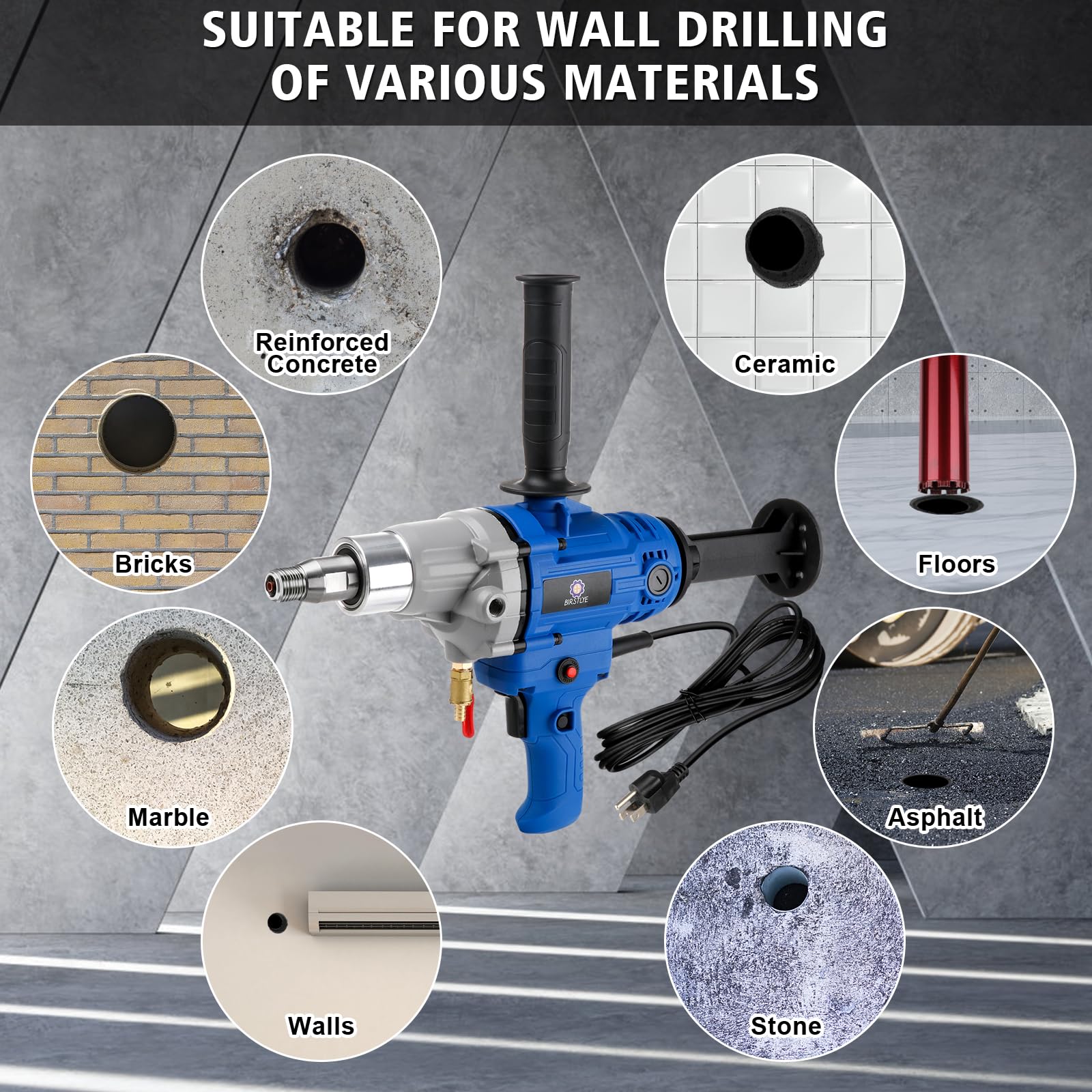 Diamond Core Drilling Machine,Wet & Dry Handheld Concrete Core Drill Rig,1900RPM 1-1/4" Thread Core Drill Rig with Water Pump Water Pipe for Concrete Brick Stone Block,with 1.25in/2.5in/4in Drill Bits