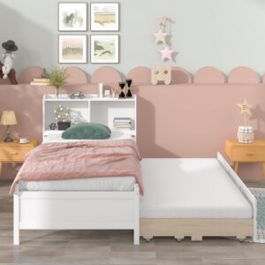 Twin Size Trundle Bed with Storage Drawers and Bookcase Headboard, Kids Twin Bed with Trundle,Captains Bed Twin with Trundle,Twin Trundle Bed with Storage for Teens,Adults(Twin,White)