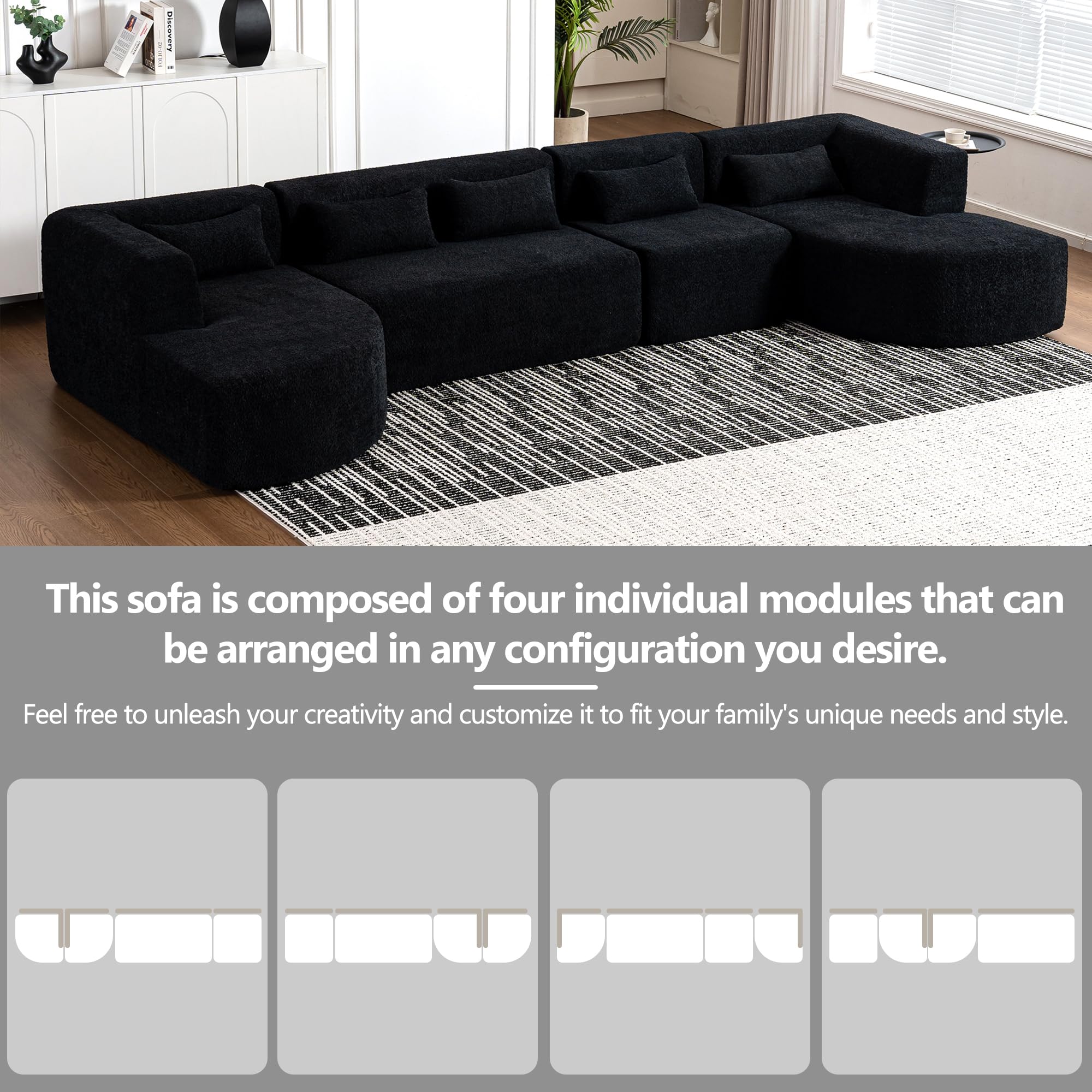 RuiSiSi 143.7" Modern Upholstered Sectional Sofa with 5 Back Pillows and 2 Chaise Lounge, Free-Combined Sofa Couch for Living Room Apartments, Black