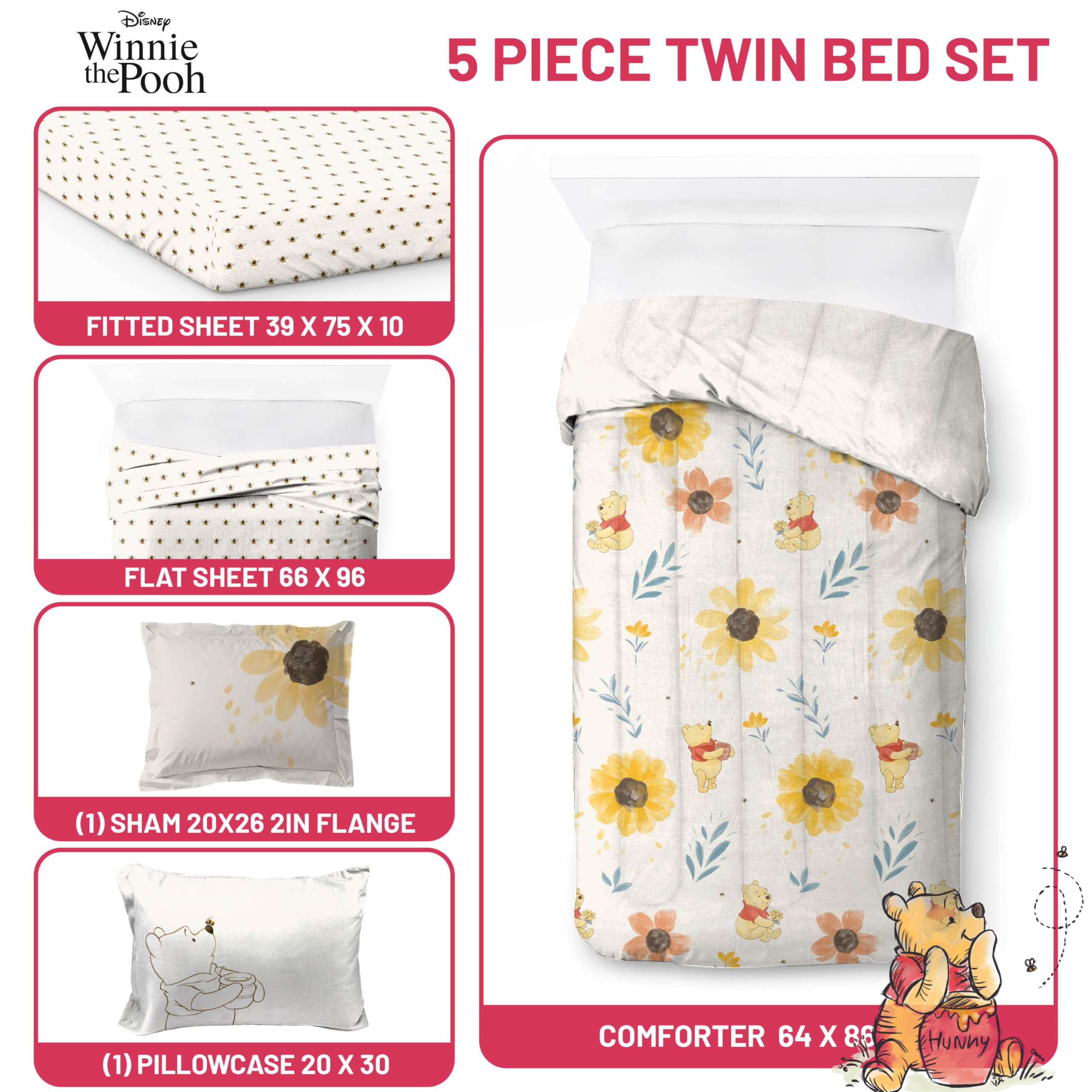 Jay Franco Disney Winnie The Pooh Twin Comforter Set - 5 Piece Bedding Includes Sheet Set & Pillow Covers - Super Soft Cozy Floral Bedding