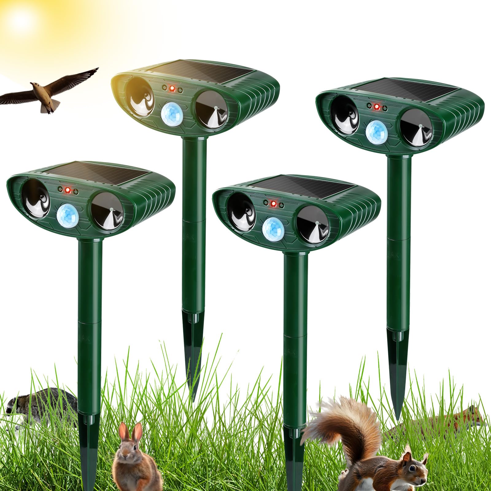 Gebatule 4 Pack Ultrasonic Animal Repellent Outdoor Deer Repellent Devices Solar Animal Repeller Motion Activated Deterrent to Scare Cat Squirrel Rabbit Raccoon Skunk