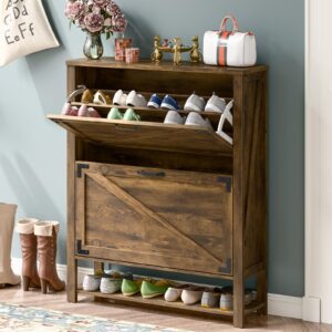 shoe storage cabinet with 2 flip drawers, farmhouse shoe cabinet for entryway, wood narrow shoe rack cabinet with open storage rack, shoe organizer cabinet with metal handles, rustic brown