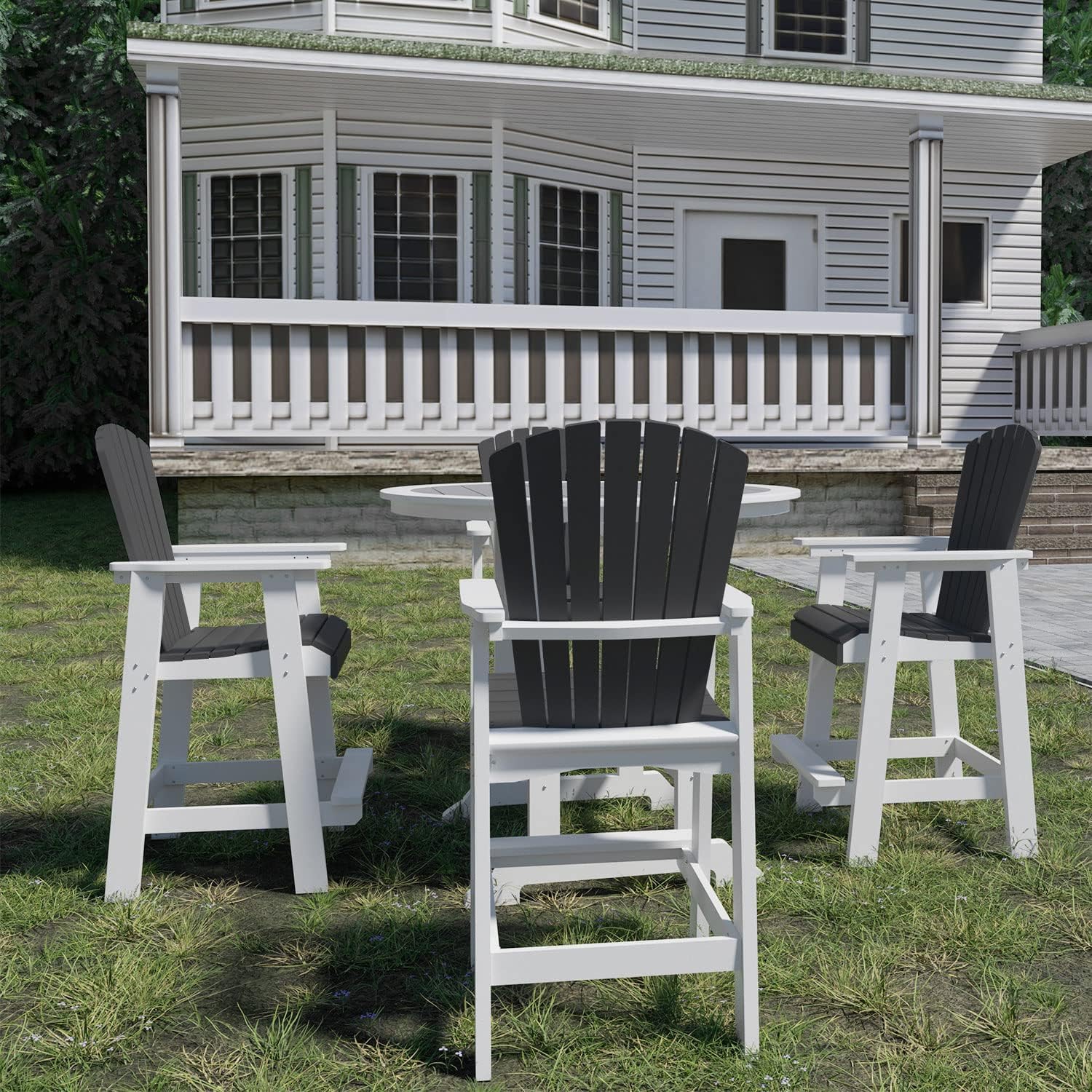 JURMALYN Outdoor Tall Adirondack Chairs Set of 2, Patio Bar Stool Chair with High Back, Widened Arms, All-Weather Balcony Chair for Backyard, Garden, Yard (White & Grey)