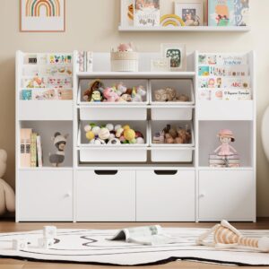 finetones 50'' Large Toy Storage Organizer with 4 Toy Bins, Toy Organizers and Storage with 6 Storage Cubbies and 2 Movable Drawers, Bookshelf for Kids, Playroom Organization and Storage Bins, White