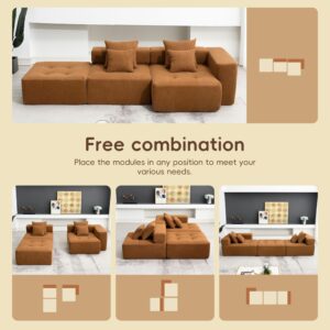 105.5" Modular Sectional Sofa Couch for Living Room, L-Shape Upholstered Cloud Couch with 4 Pillow, Modern Minimalist Couches, Deep Seat, No Assembly Required(Brown,Corduroy,Frameless)