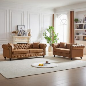 modern chesterfield sofa set for living room, 2 piece faux leather furniture sets 3 seater couch&loveseat sofa with rolled arms and tufted button, office, brown