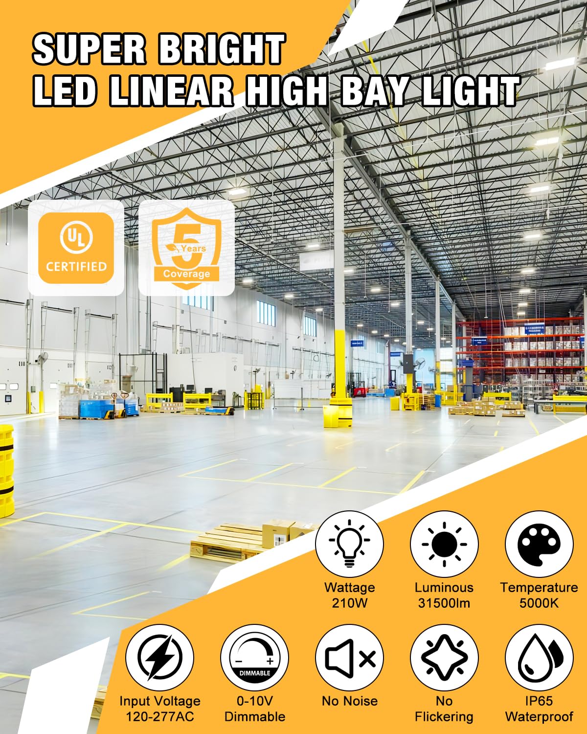 JC-LGL 210W LED Linear High Bay Light with PIR Sensor，LED High Bay Shop Lights Fixture, Compatible with Industrial 120-277V, LED Linear High Bay Light for Shop Garage Warehouse